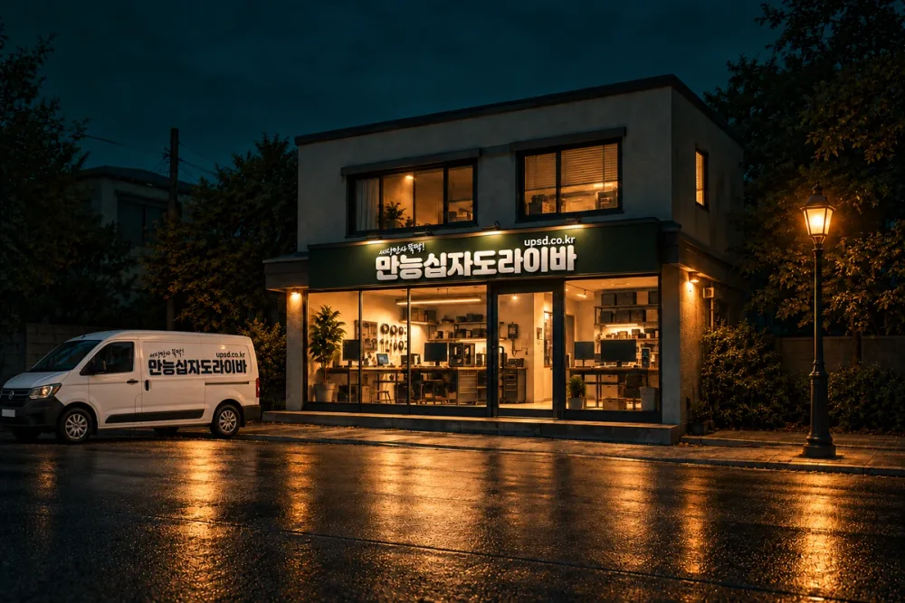 불 켜진 매장과 로고 밴, 오른쪽 가로등을 표현한 야간 작업 안내 이미지