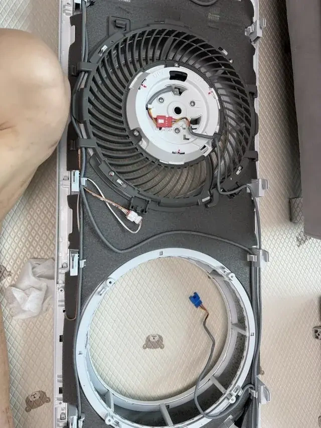 한쪽 팬이 빠진 뒤 프레임 전체를 본 모습입니다